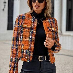 Clasi Autumn Casual Plaid Cropped Woolen Jacket